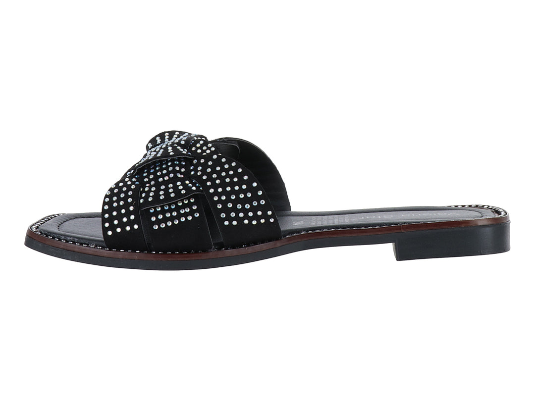Sandalia negra para Mujer estilo slide con adornos de pedrería brillante en la correa superior.