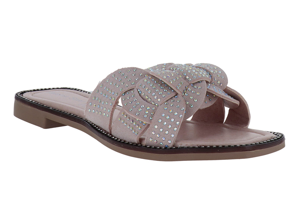 Sandalia rosa para mujer con tira trenzada decorada con brillantes y suela plana.