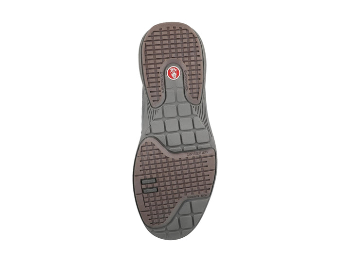 Zapato casual de cuero negro con suela gris y cordones.