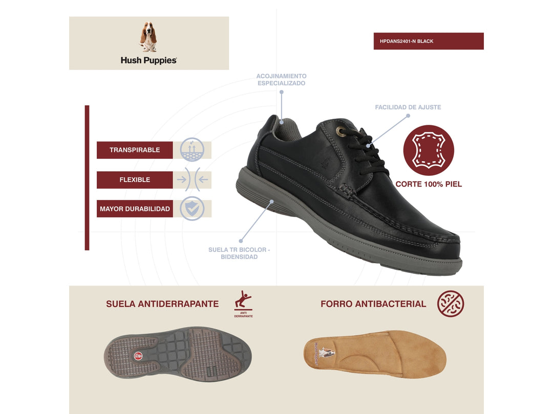 Zapato casual de cuero negro con suela gris y cordones.