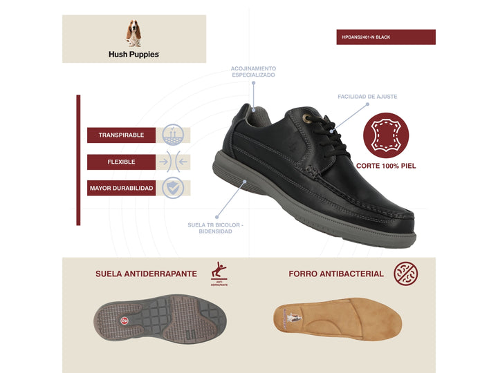 Zapato casual de cuero negro con suela gris y cordones.