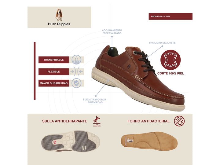 Zapato casual Hush Puppies de cuero color tan con cordones y suela blanca.