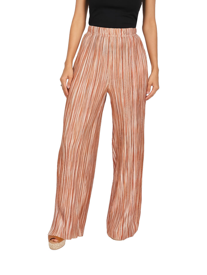 Pantalones plisados de pierna ancha con rayas verticales en tonos marrón y beige.