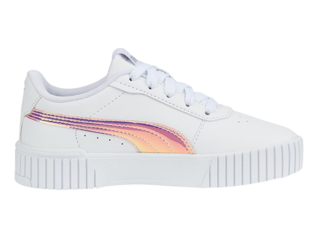 Tenis PUMA blancos para niños con franja lateral holográfica y suela blanca