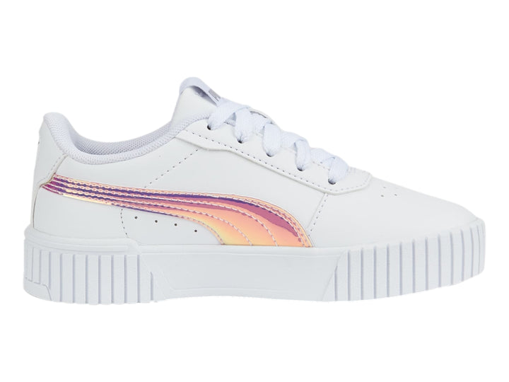 Tenis PUMA blancos para niños con franja lateral holográfica y suela blanca