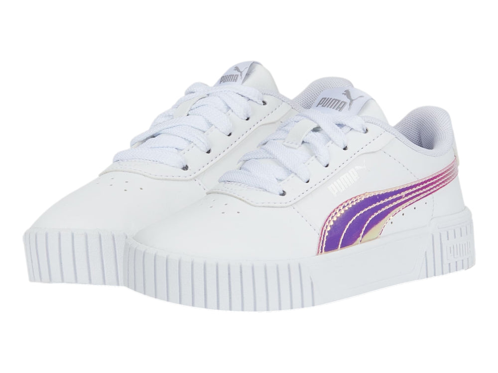 Tenis PUMA blancos para niños con franja lateral holográfica y suela blanca