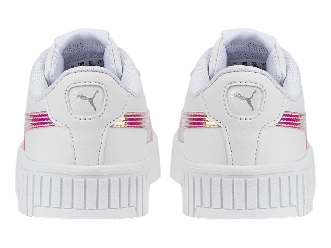Tenis PUMA blancos para niños con franja lateral holográfica y suela blanca