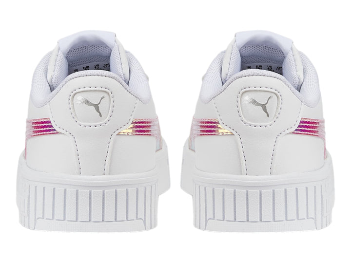 Tenis PUMA blancos para niños con franja lateral holográfica y suela blanca