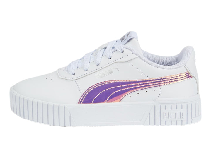 Tenis PUMA blancos para niños con franja lateral holográfica y suela blanca