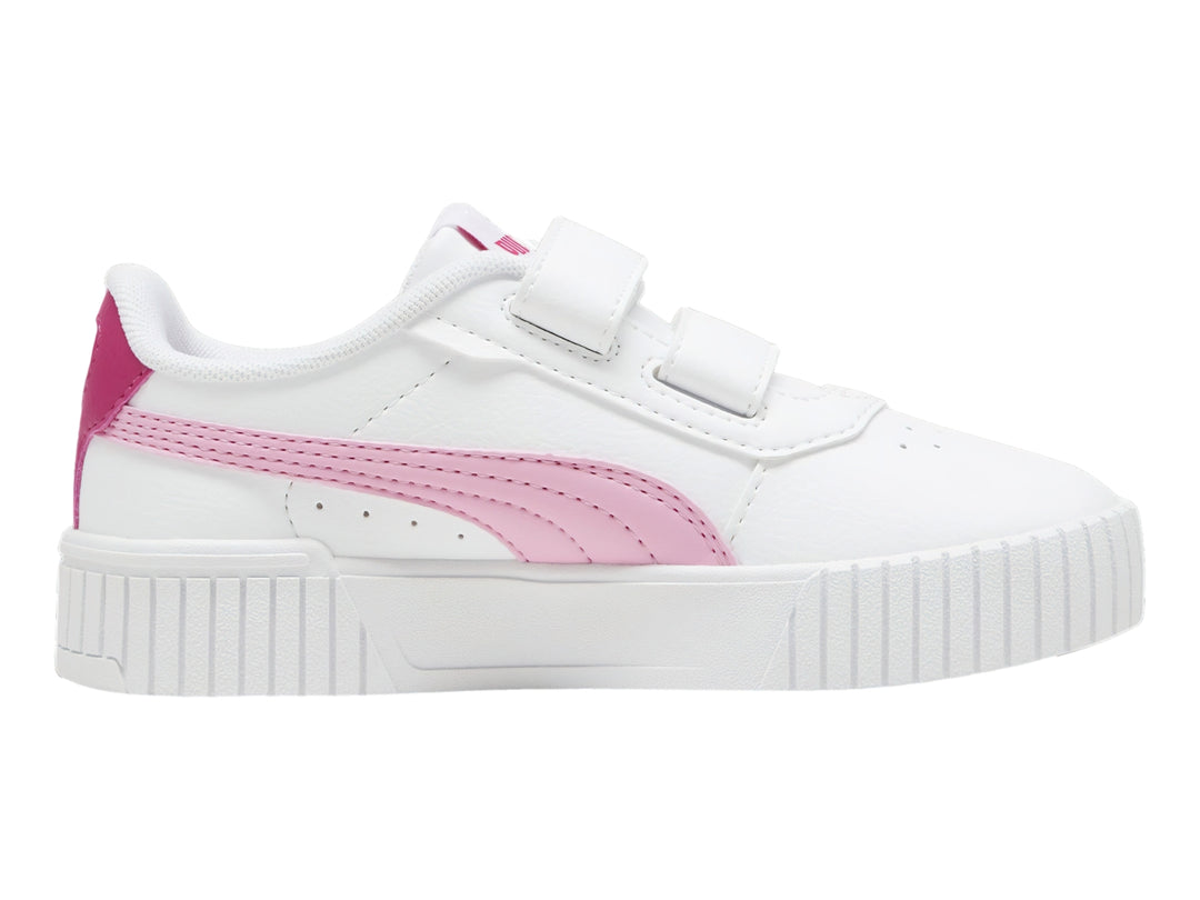 Tenis PUMA Carina 2.0 color blanco con detalles en rosa y cierre de velcro para niña.
