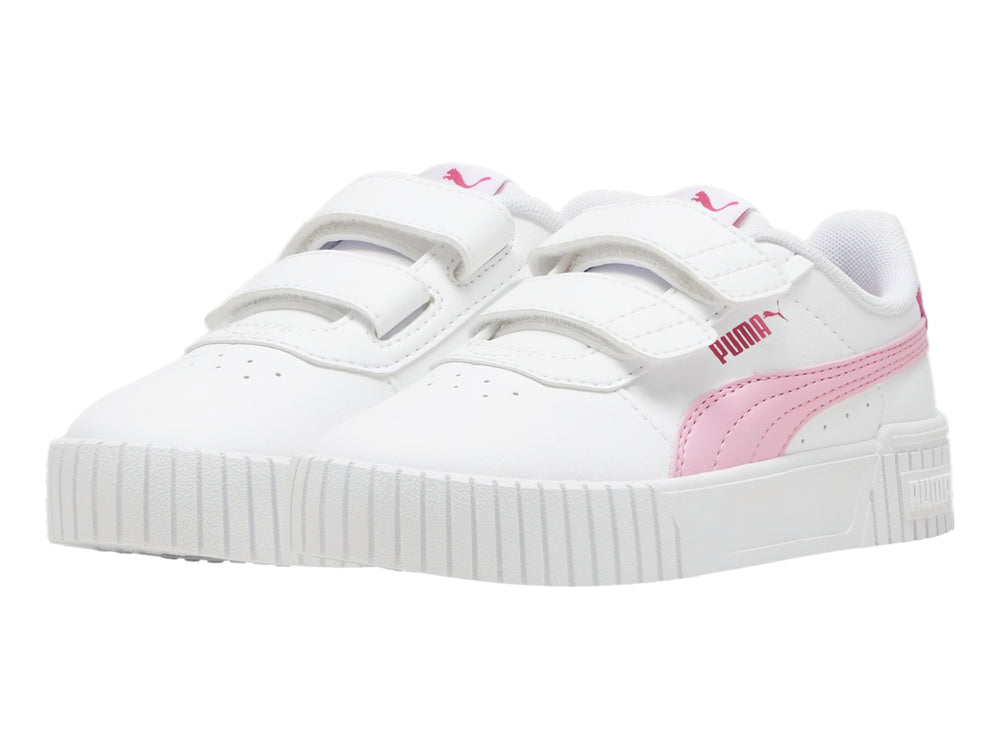 Tenis PUMA Carina 2.0 color blanco con detalles en rosa y cierre de velcro para niña.