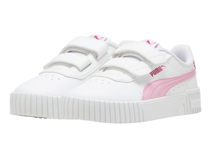 Tenis PUMA Carina 2.0 color blanco con detalles en rosa y cierre de velcro para niña.