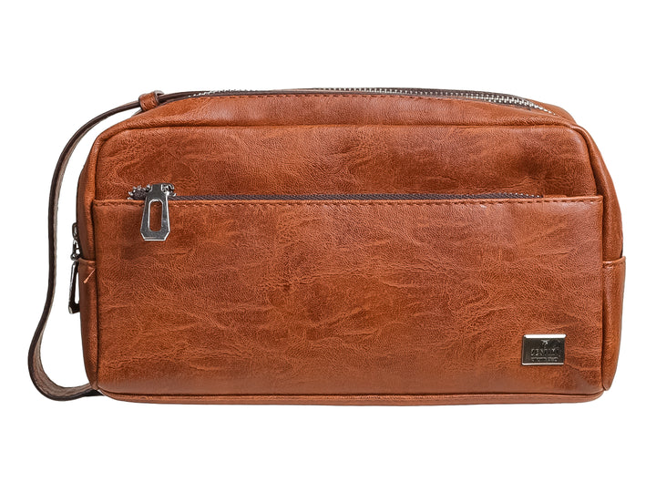 Bolso estilo cartera color marrón con textura de cuero sintético y cierres plateados.