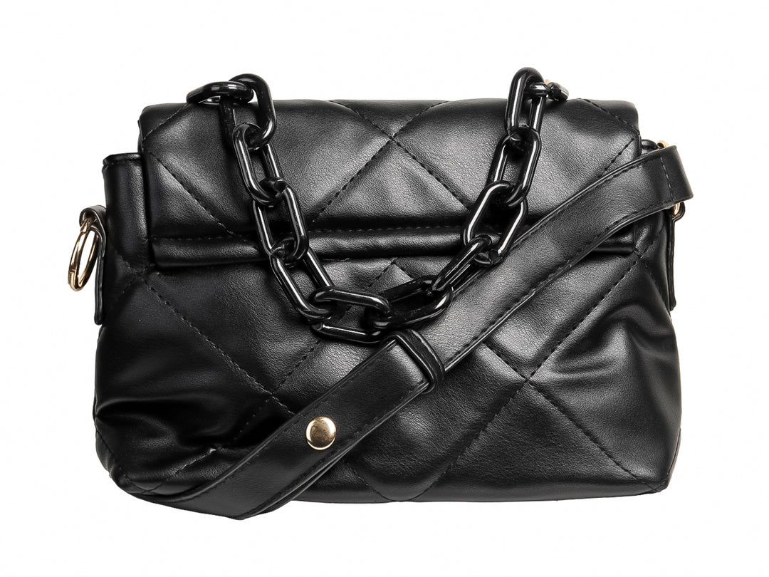 Bolso de hombro color negro con diseño acolchado geométrico y detalles metálicos plateados.