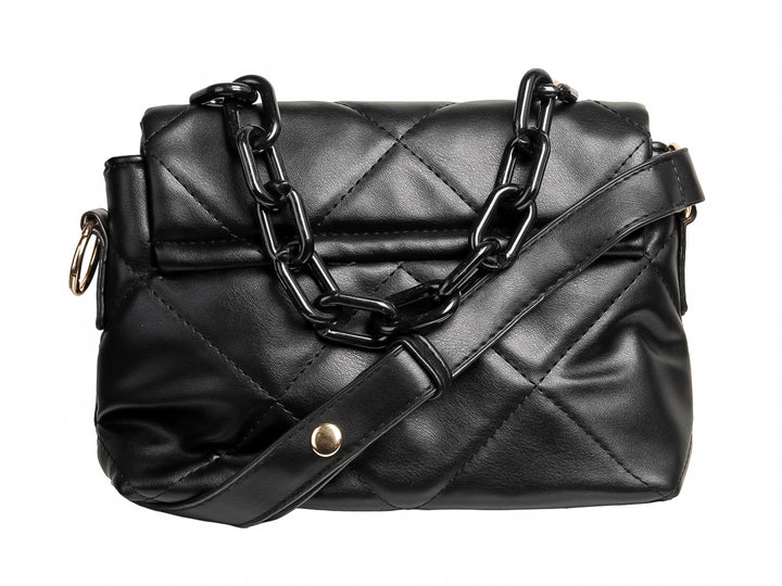 Bolso de hombro color negro con diseño acolchado geométrico y detalles metálicos plateados.