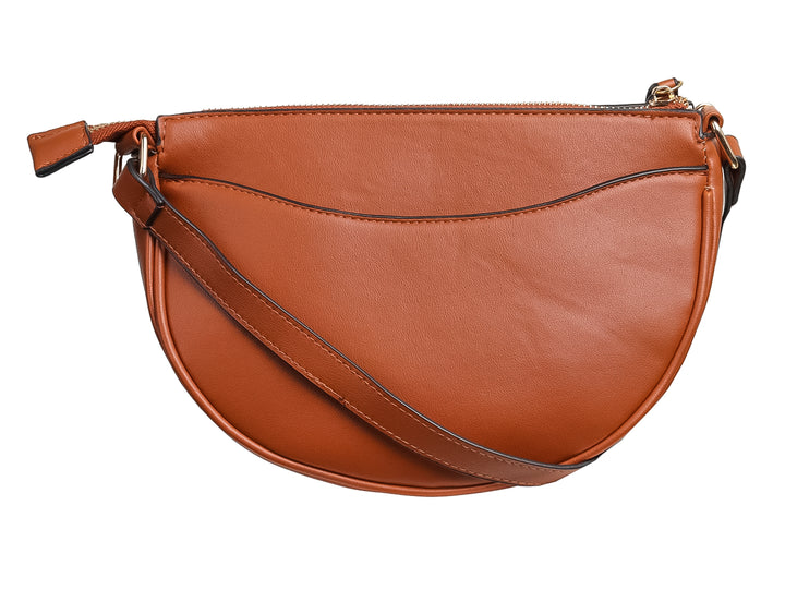 Bolsa de hombro Felianna en color marrón con diseño semicircular, detalle de borla lateral y herrajes dorados.