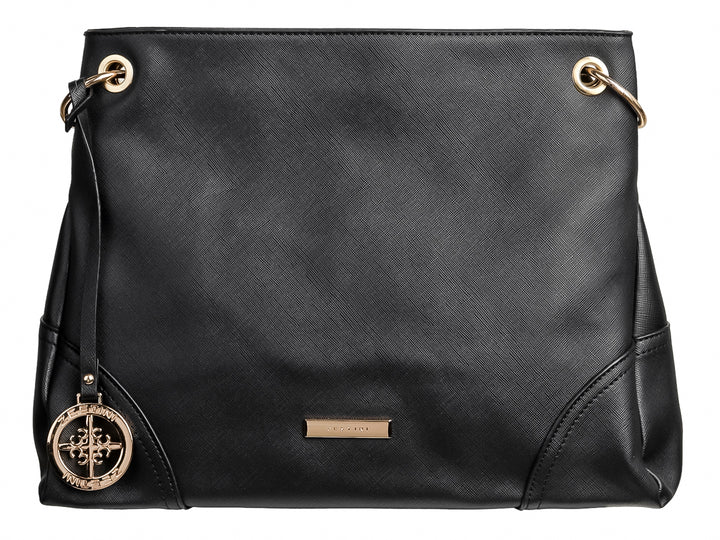 Bolso de hombro color negro con detalles y herrajes en tono dorado, diseño elegante y estructura rectangular.