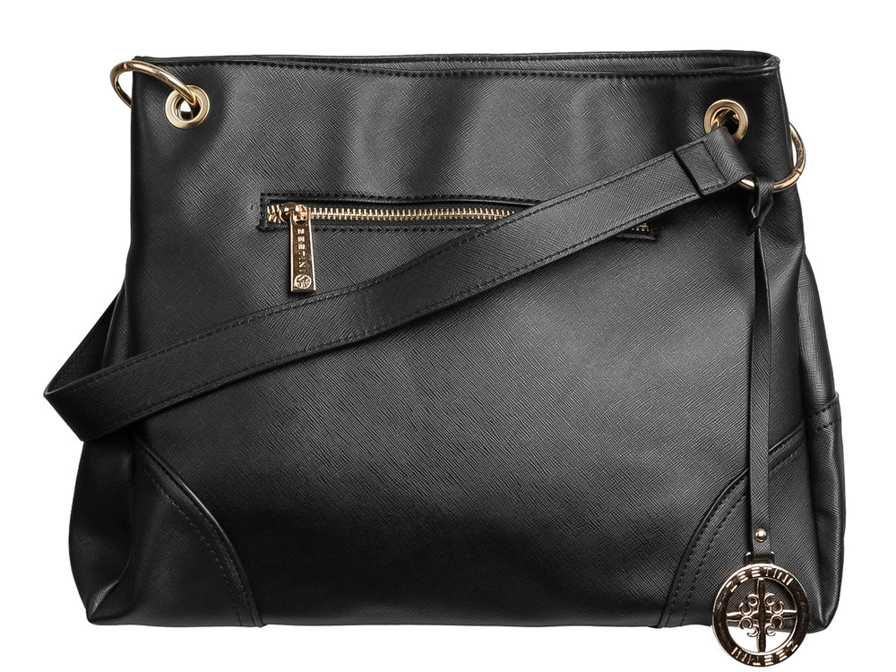 Bolso de hombro color negro con detalles y herrajes en tono dorado, diseño elegante y estructura rectangular.