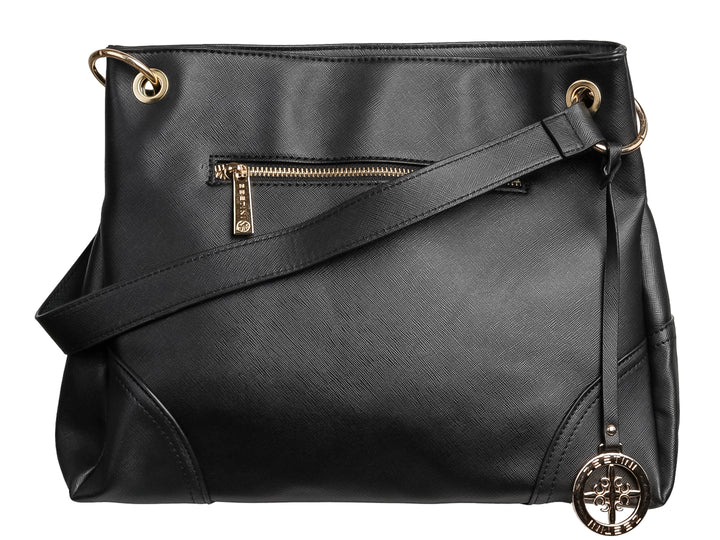 Bolso de hombro color negro con detalles y herrajes en tono dorado, diseño elegante y estructura rectangular.