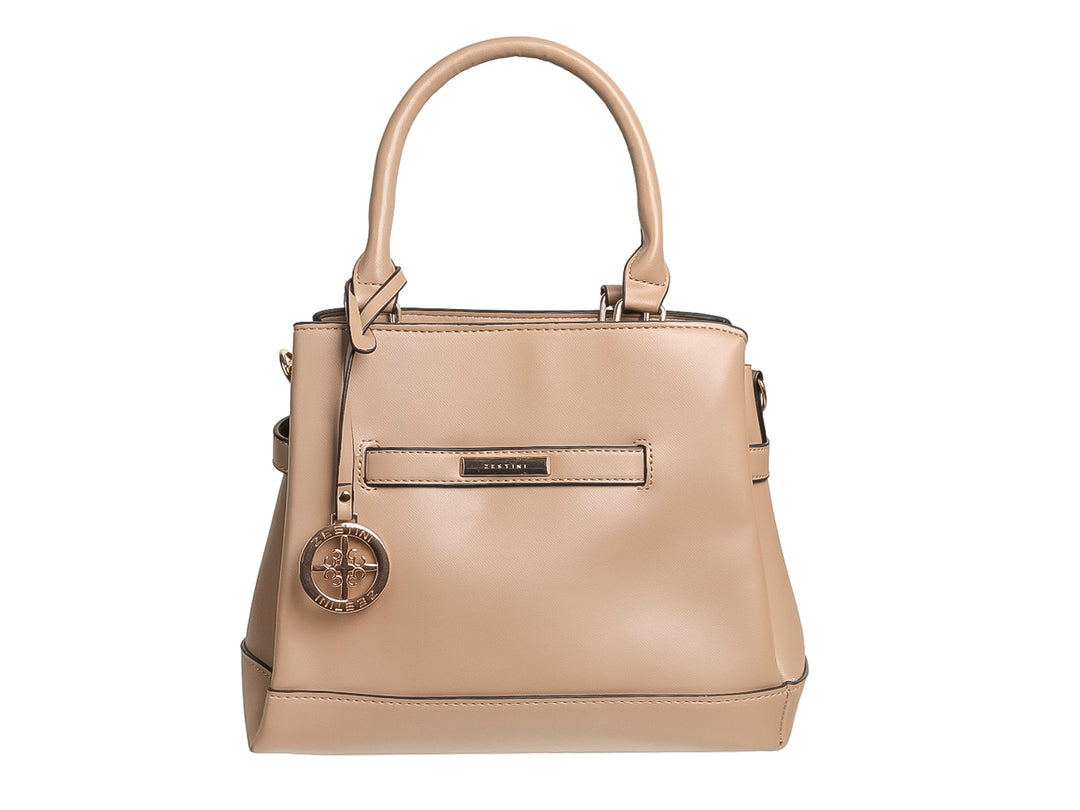 Bolso de hombro Felianna color taupe con asa superior, acabado liso y detalles decorativos en metal dorado.