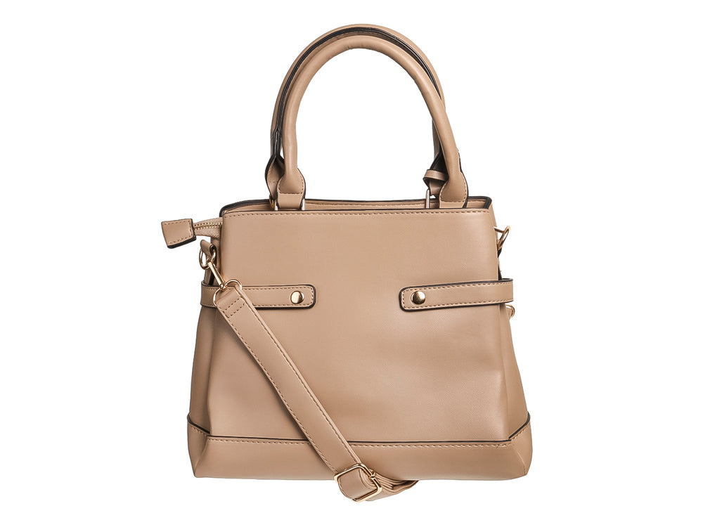 Bolso de hombro Felianna color taupe con asa superior, acabado liso y detalles decorativos en metal dorado.
