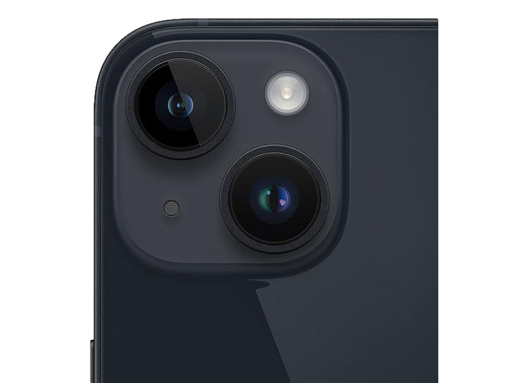 Vista frontal y trasera de un iPhone 14 Plus en color negro con pantalla encendida.