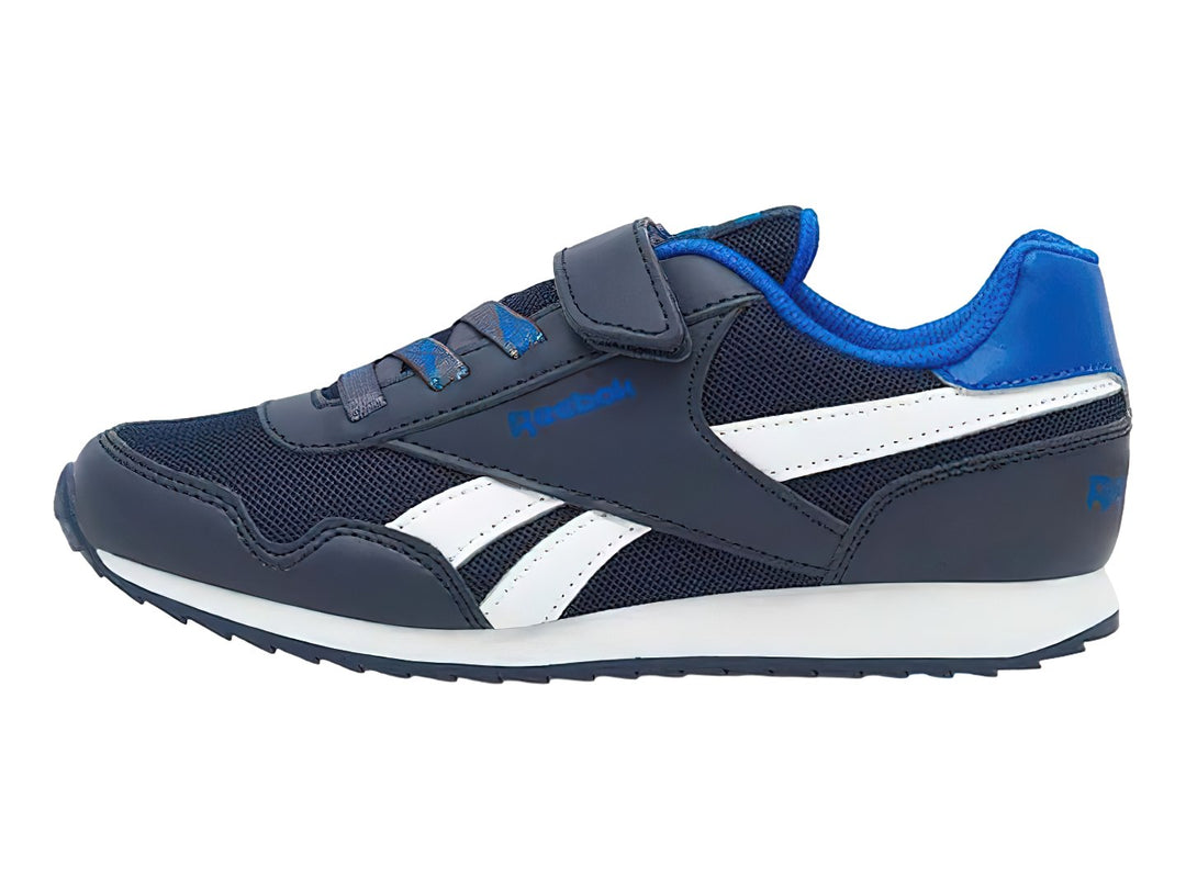 Tenis deportivos Reebok azul marino y blanco con correa de velcro para niño.