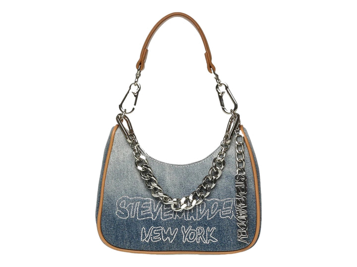 Bolso de hombro azul denim con cadena plateada y bordes cafés de Steve Madden.