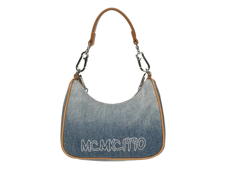 Bolso de hombro azul denim con cadena plateada y bordes cafés de Steve Madden.