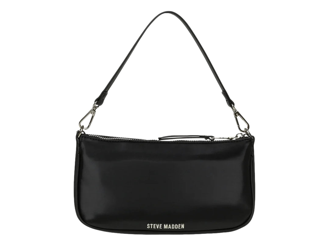 Bolso de hombro negro Steve Madden con detalle de cadena plateada brillante y asa delgada.