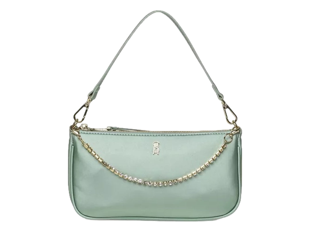 Bolso de hombro Steve Madden color pistacho con detalle de cadena dorada y correa delgada.