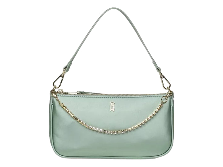 Bolso de hombro Steve Madden color pistacho con detalle de cadena dorada y correa delgada.