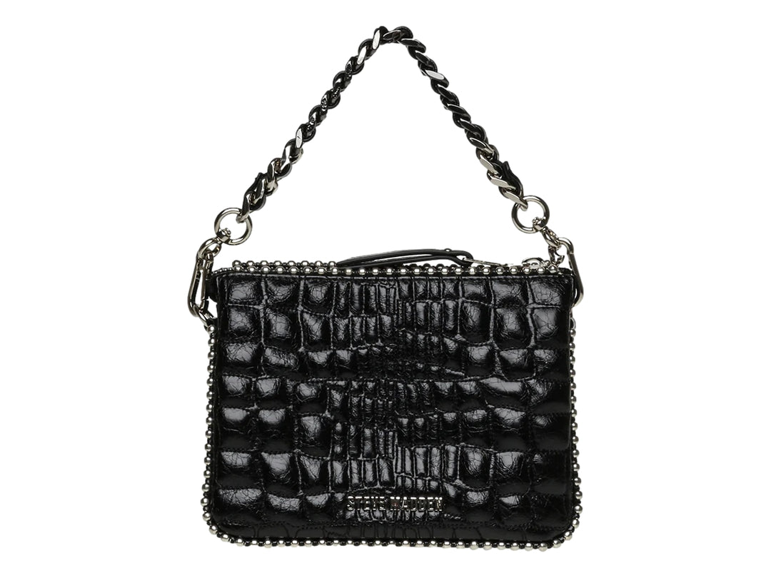 Bolso negro Steve Madden con textura de cocodrilo, correa ancha y un monedero circular acoplado.