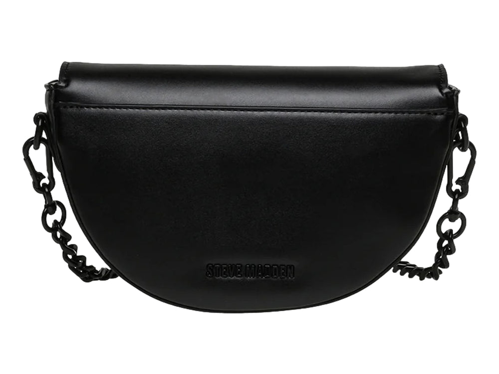 Bolso de hombro Steve Madden color negro con forma semicircular, correa de cadena y detalle de logo frontal.