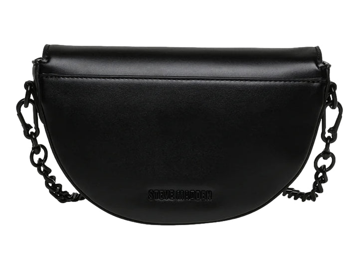Bolso de hombro Steve Madden color negro con forma semicircular, correa de cadena y detalle de logo frontal.