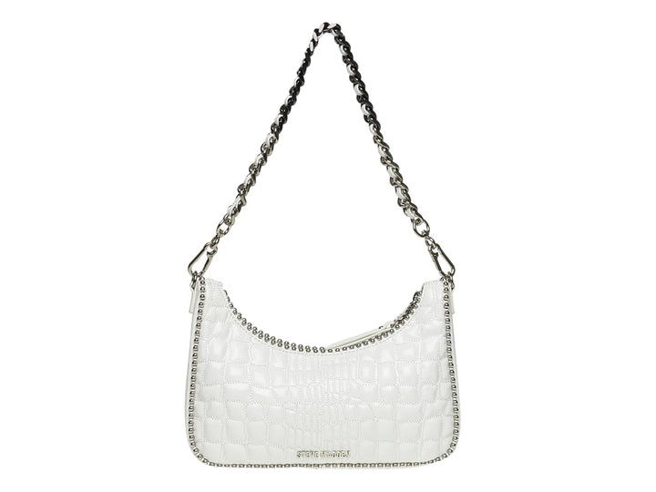 Bolso Steve Madden color blanco con textura acolchada, detalles plateados brillantes y una pequeña cartera acoplada.