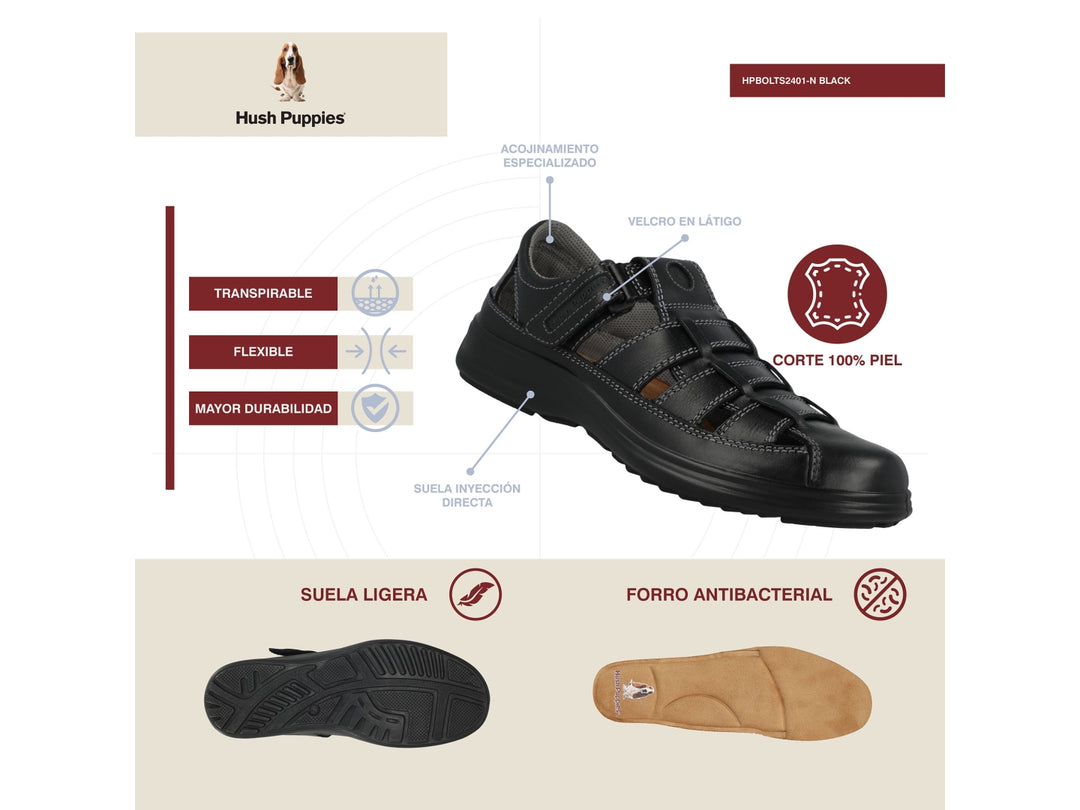 Sandalia cerrada color negro para niño o niña de la marca Hush Puppies.