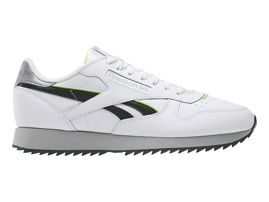 Tenis Reebok Classic Leather Ripple en color blanco con detalles en negro y gris y suela dentada.