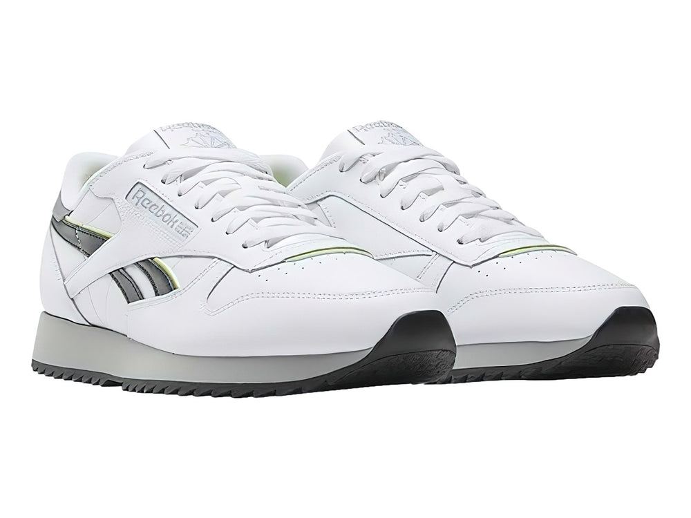 Tenis Reebok Classic Leather Ripple en color blanco con detalles en negro y gris y suela dentada.