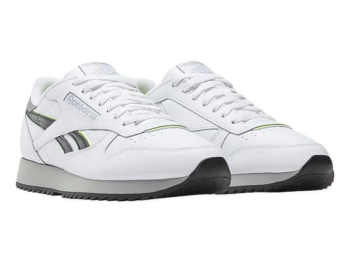 Tenis Reebok Classic Leather Ripple en color blanco con detalles en negro y gris y suela dentada.
