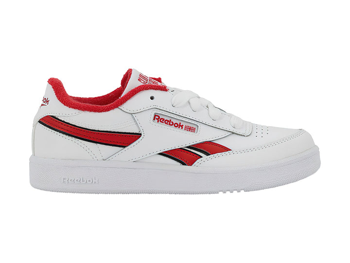Tenis Reebok blancos con detalles en rojo y suela blanca, estilo deportivo.