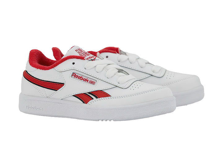 Tenis Reebok blancos con detalles en rojo y suela blanca, estilo deportivo.