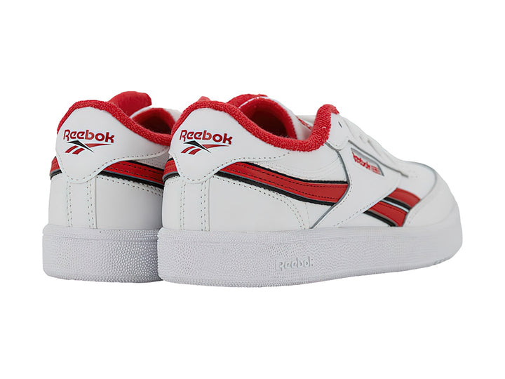 Tenis Reebok blancos con detalles en rojo y suela blanca, estilo deportivo.