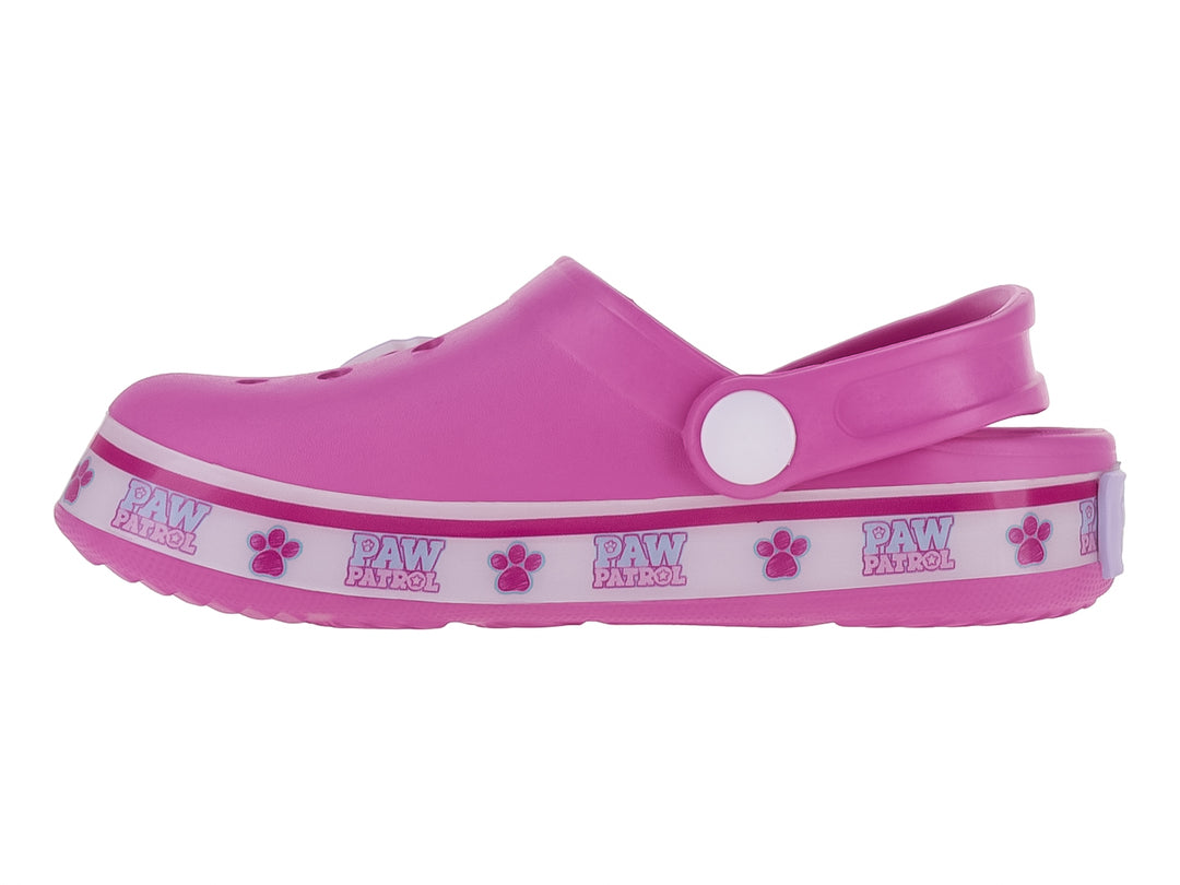 Sandalia tipo clog color fiusha con estampado de personajes de Paw Patrol.