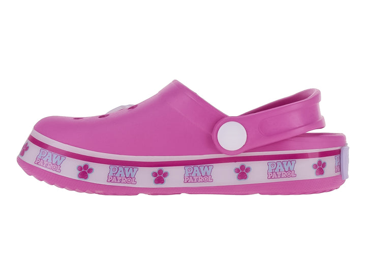 Sandalia tipo clog color fiusha con estampado de personajes de Paw Patrol.