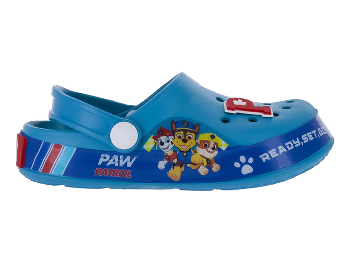 Sandalias tipo zueco color azul para niño con personajes de Paw Patrol y texto Ready, Set, Go.