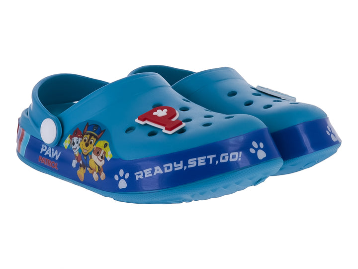 Sandalias tipo zueco color azul para niño con personajes de Paw Patrol y texto Ready, Set, Go.