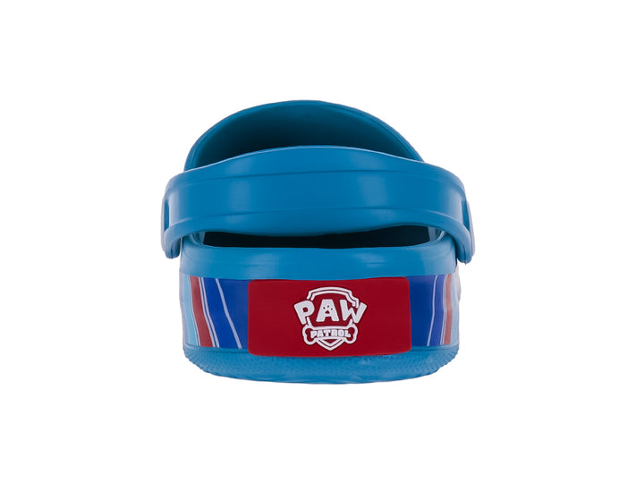 Sandalias tipo zueco color azul para niño con personajes de Paw Patrol y texto Ready, Set, Go.