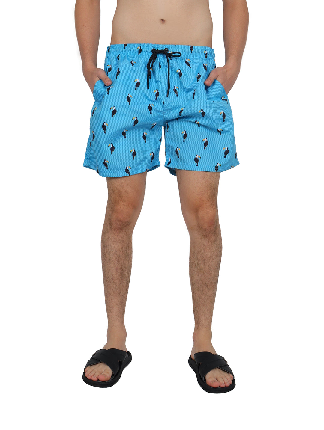 Traje de baño corto color azul cielo con estampado de tucanes negros.