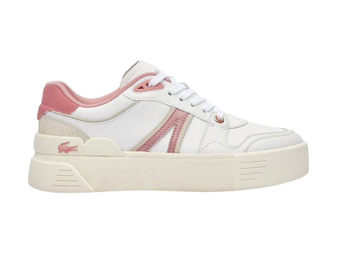 Tenis Lacoste blancos con detalles en rosa y suela de plataforma blanca.